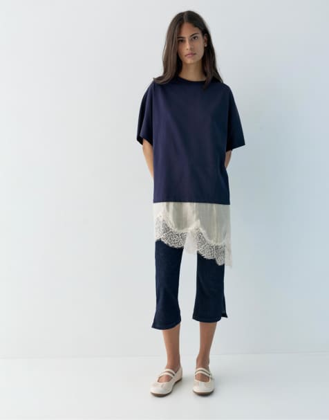 Pull&Bear Contrast t-shirt with lace hem in navy