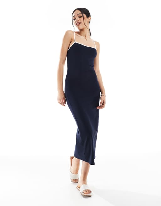 Pull&Bear contrast trim backless maxi dress in navy, 2 of 4