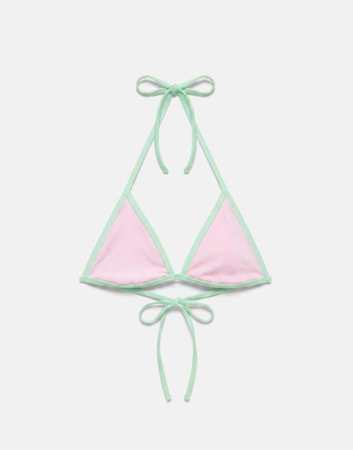 Pull&Bear Contrast trim triangle bikini top in pink, 3 of 4