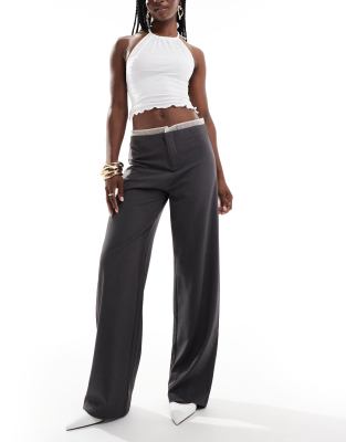 Pull & Bear Contrast Tulle Insert Waist Tailored Pants In Gray