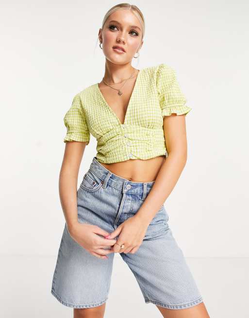 Pull&Bear cropped ribbed polo top in blue