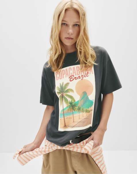 Pull&Bear Copacabana graphic t-shirt in faded black