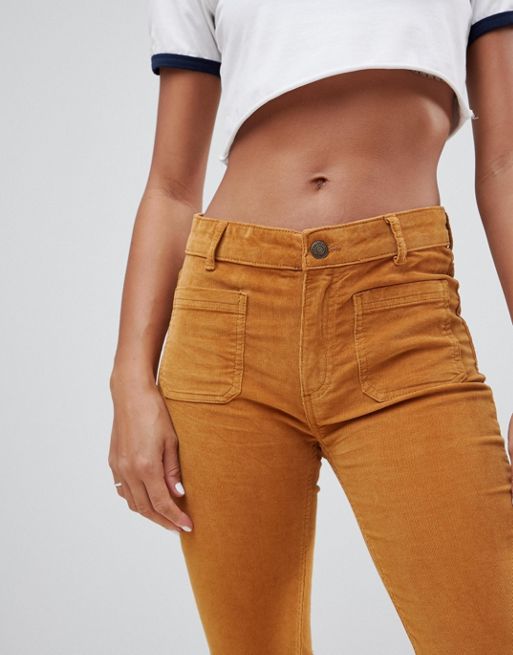 Pull&Bear high waisted corduroy flared trousers in brown