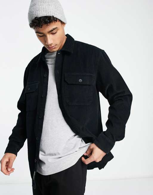 Pull&Bear – Cord-Hemdjacke in Schwarz, exklusiv bei ASOS