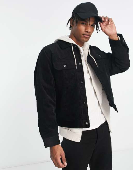 Pull&Bear cord trucker jacket in black | ASOS