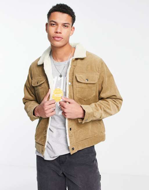 Pull&Bear cord trucker jacket with teddy lining in beige | ASOS