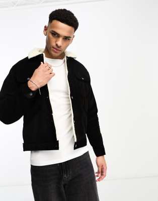 Pull&Bear cord trucker jacket with teddy lining in black | ASOS