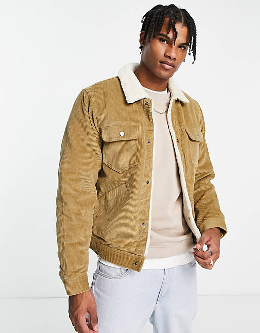 Pull&Bear cord trucker jacket with teddy lining in camel | ASOS