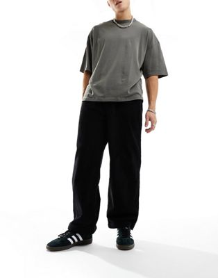 Pull&Bear cord wide leg trouser in black