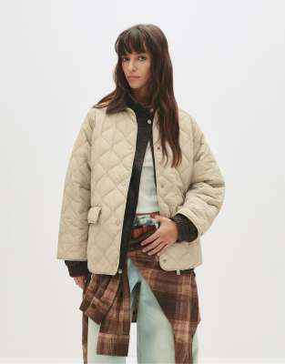 Pull & Bear Corduroy Collar Puffer Jacket In Neutral