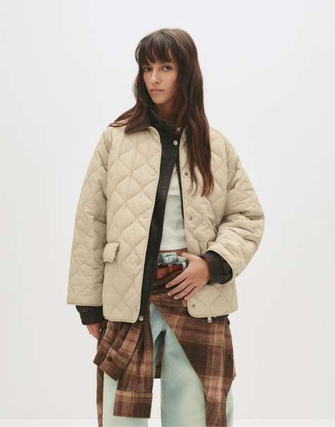 Pull&Bear Corduroy collar puffer jacket in medium camel - view 1