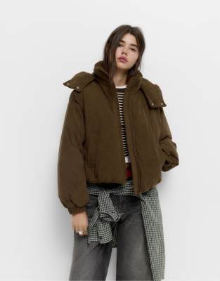 Pull & Bear Corduroy Jacket With Hood In Brown