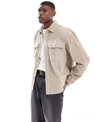 Pull & Bear corduroy shirt in washed sand-Neutral