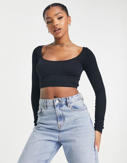 Pull&Bear seamless ribbed bra top in black (part of a set)