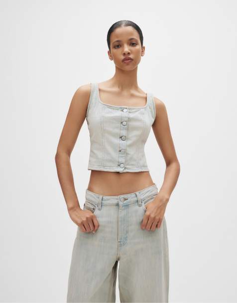 Pull&Bear Corsetry-inspired denim top in pale blue - view 1