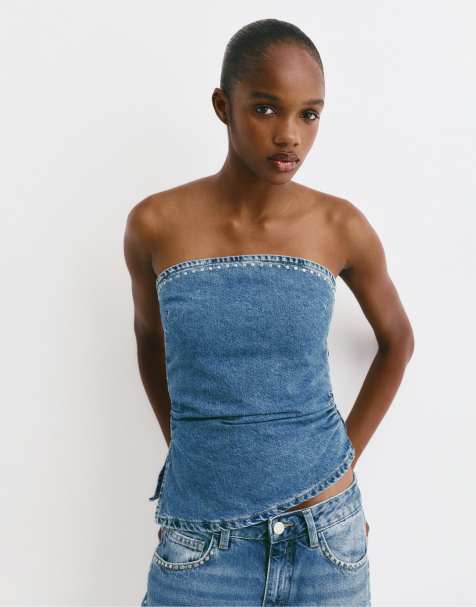 Pull&Bear Corsetry-inspired denim top with studs in medium blue - view 1