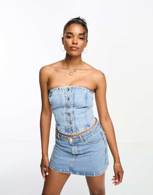 Pull&Bear - Corsetto a fascia in denim blu medio in coordinato