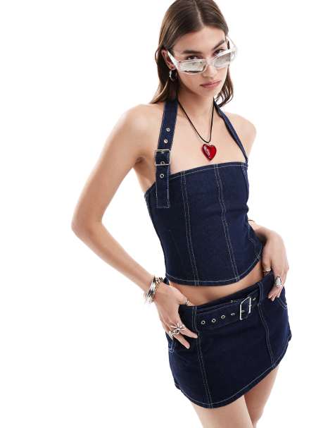 Pull&Bear - Corsetto in denim blu indaco allacciato al collo con fibbia in coordinato - view 1