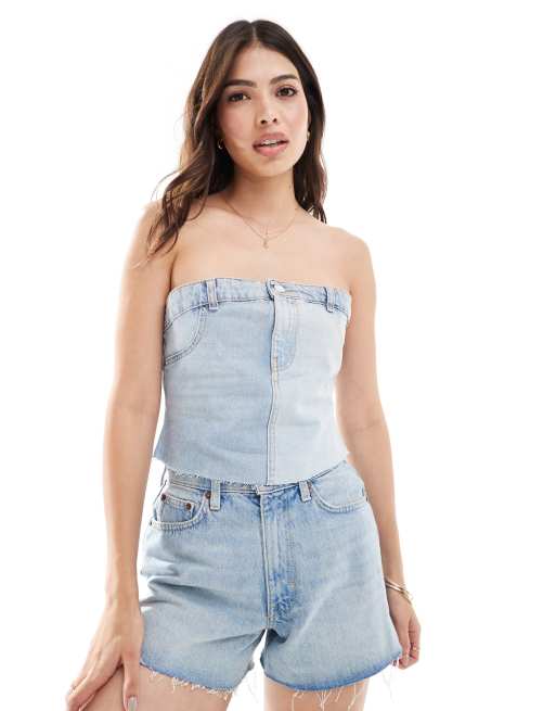 Pull&Bear - Corsetto in denim blu slavato con fascia in vita a contrasto