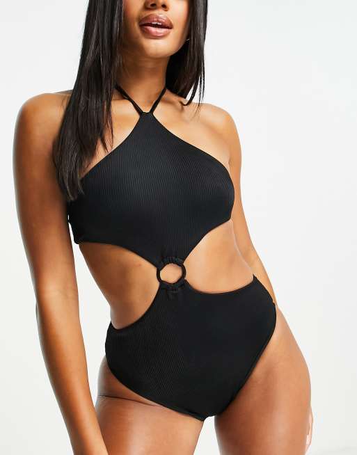 Pull&Bear Costume da bagno nero sgambato allacciato al collo con
