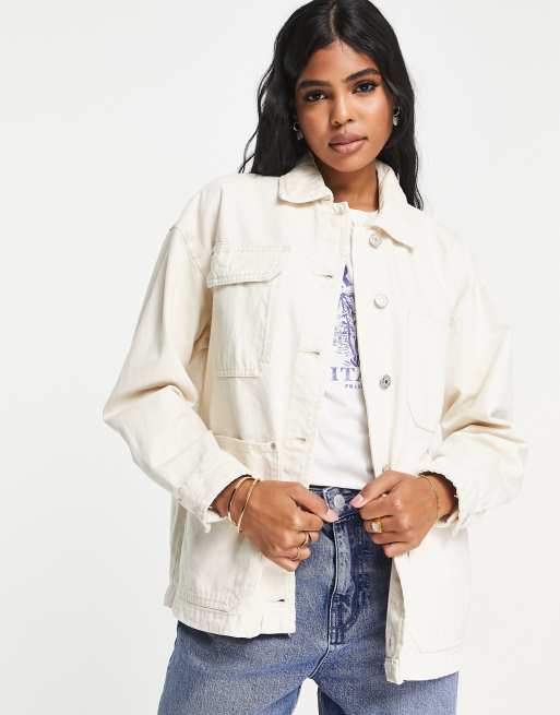 Pull&Bear cotton oversized jacket in ecru | ASOS