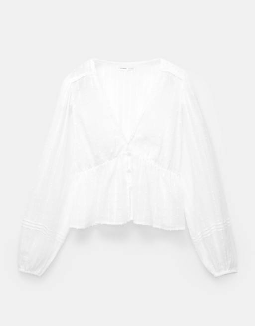 Pull&Bear cotton puff sleeve top in white