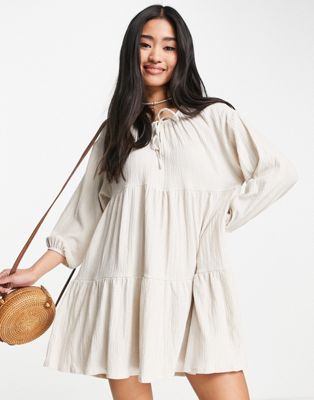 Pull&Bear cotton tiered long sleeve mini smock dress in natural