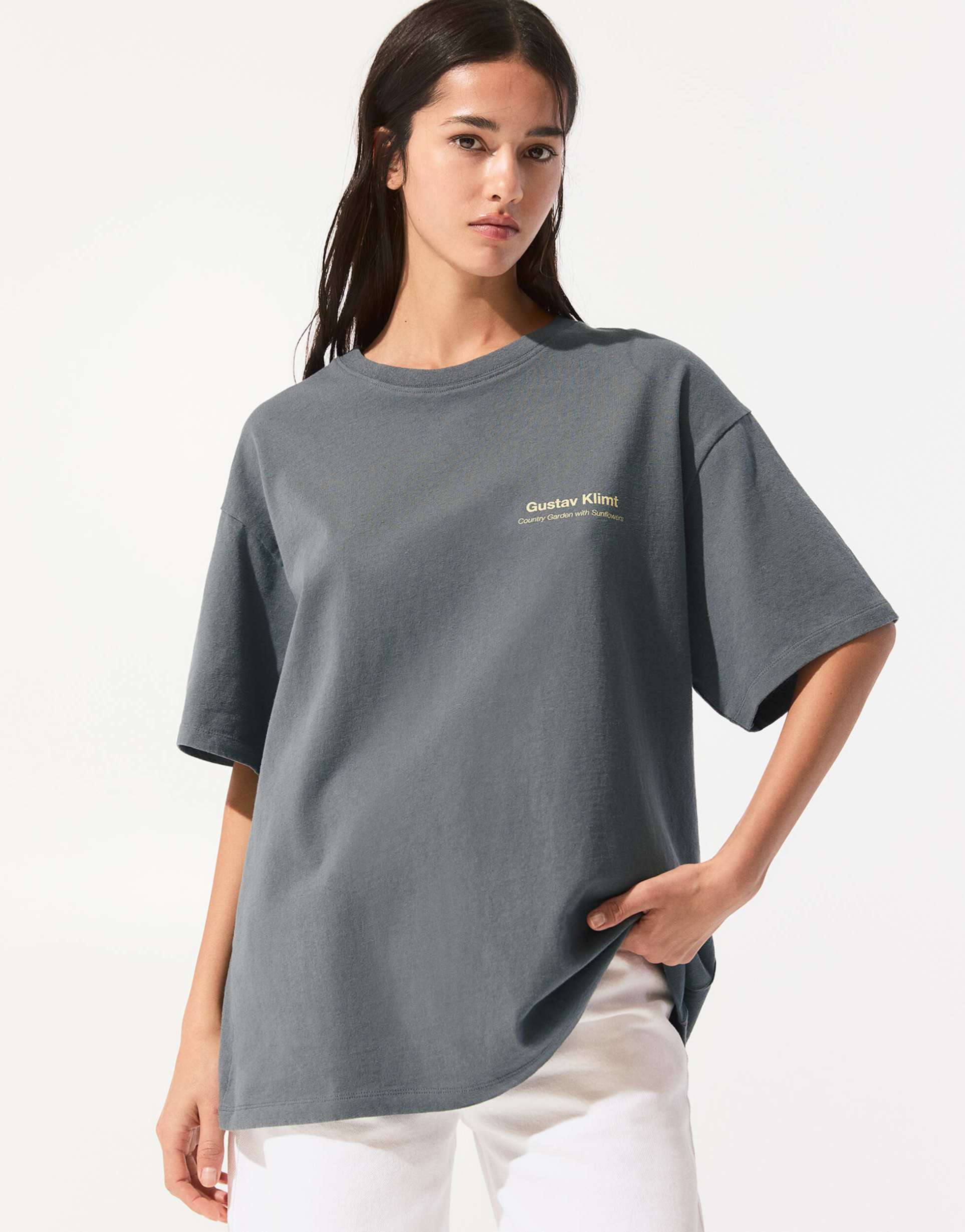 pull&bear 'country garden' graphic t-shirt in gray