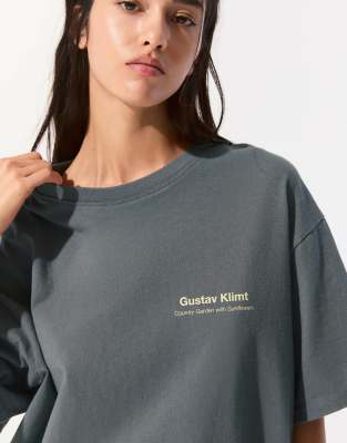Pull & Bear 'country Garden' Graphic T-shirt In Gray