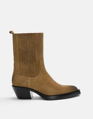 Pull & Bear - Cowboy-Ankle-Boots aus Leder in Braun