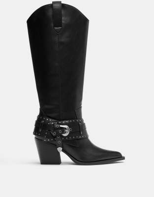 Pull & Bear Cowboy Buckle Boots In Black