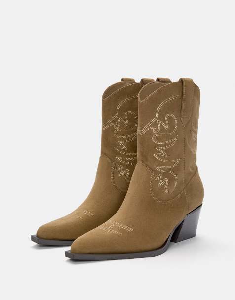 Pull&Bear - Cowboy-enkellaarzen met hoge hak in zandkleur - view 1