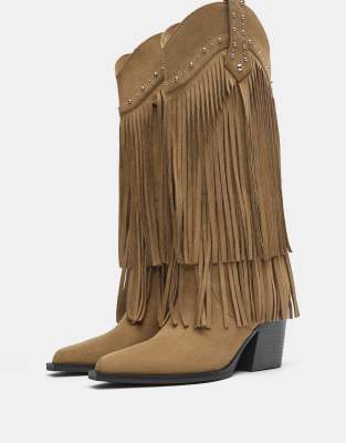 Cowboy-Stiefel in Braun mit Absatz und Fransen-Mehrfarbig Mehrfarbig 35