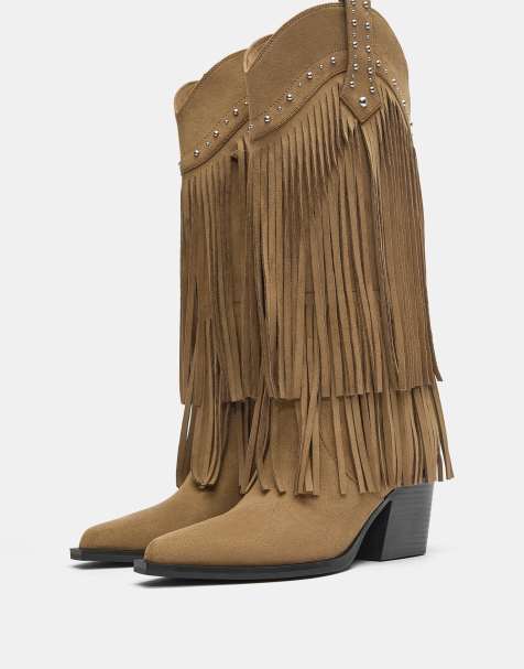 Pull&Bear – Cowboy-Stiefel in Braun mit Absatz und Fransen - view 1