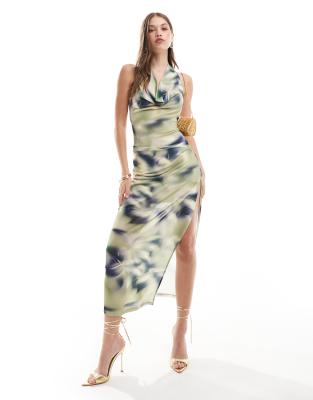 cowl neck low back maxi dress in blue blur print