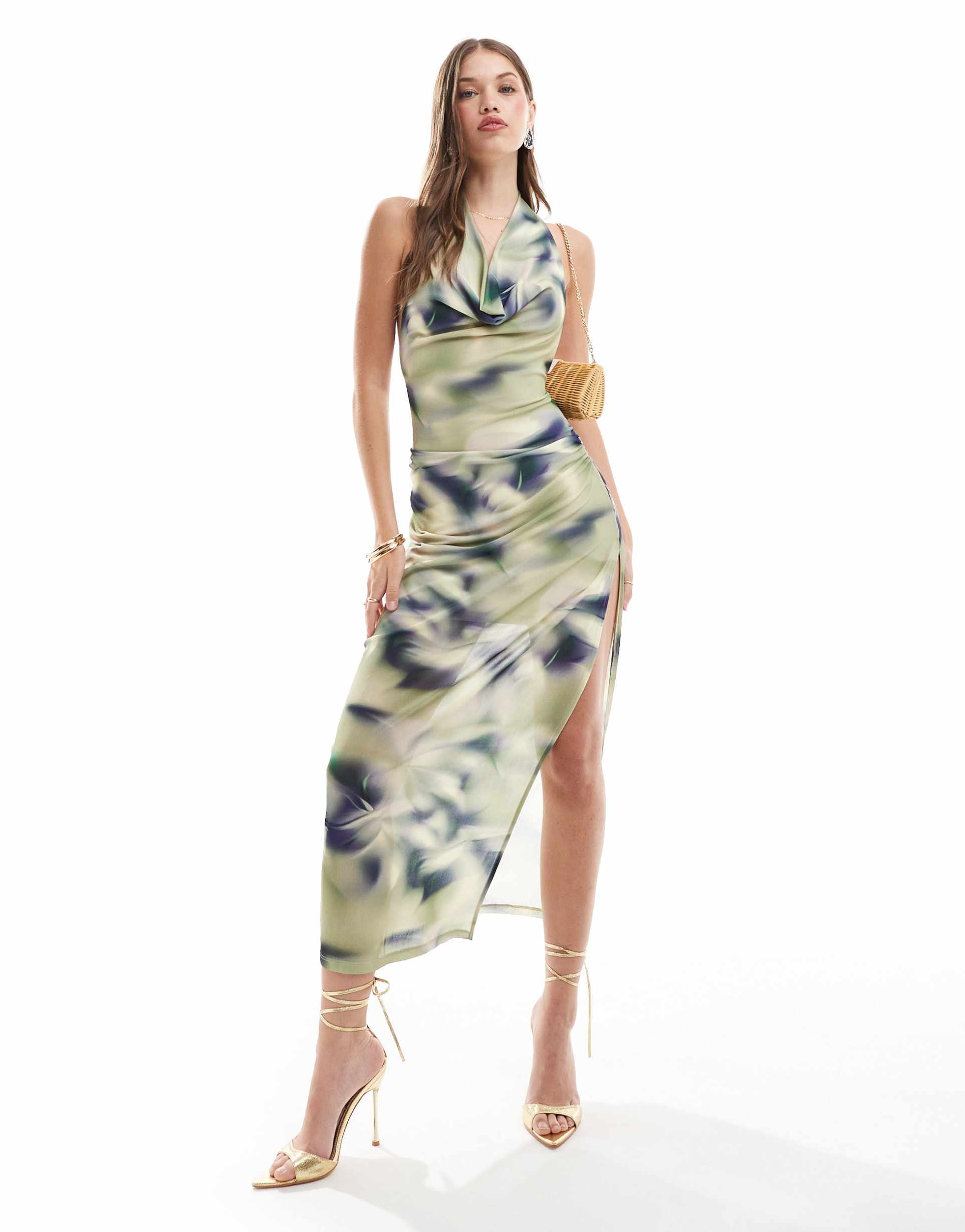 pull&bear cowl neck low back maxi dress in blue blur print