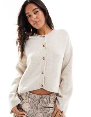 Pull & Bear Cozy Knitted Cardigan In Ecru-white