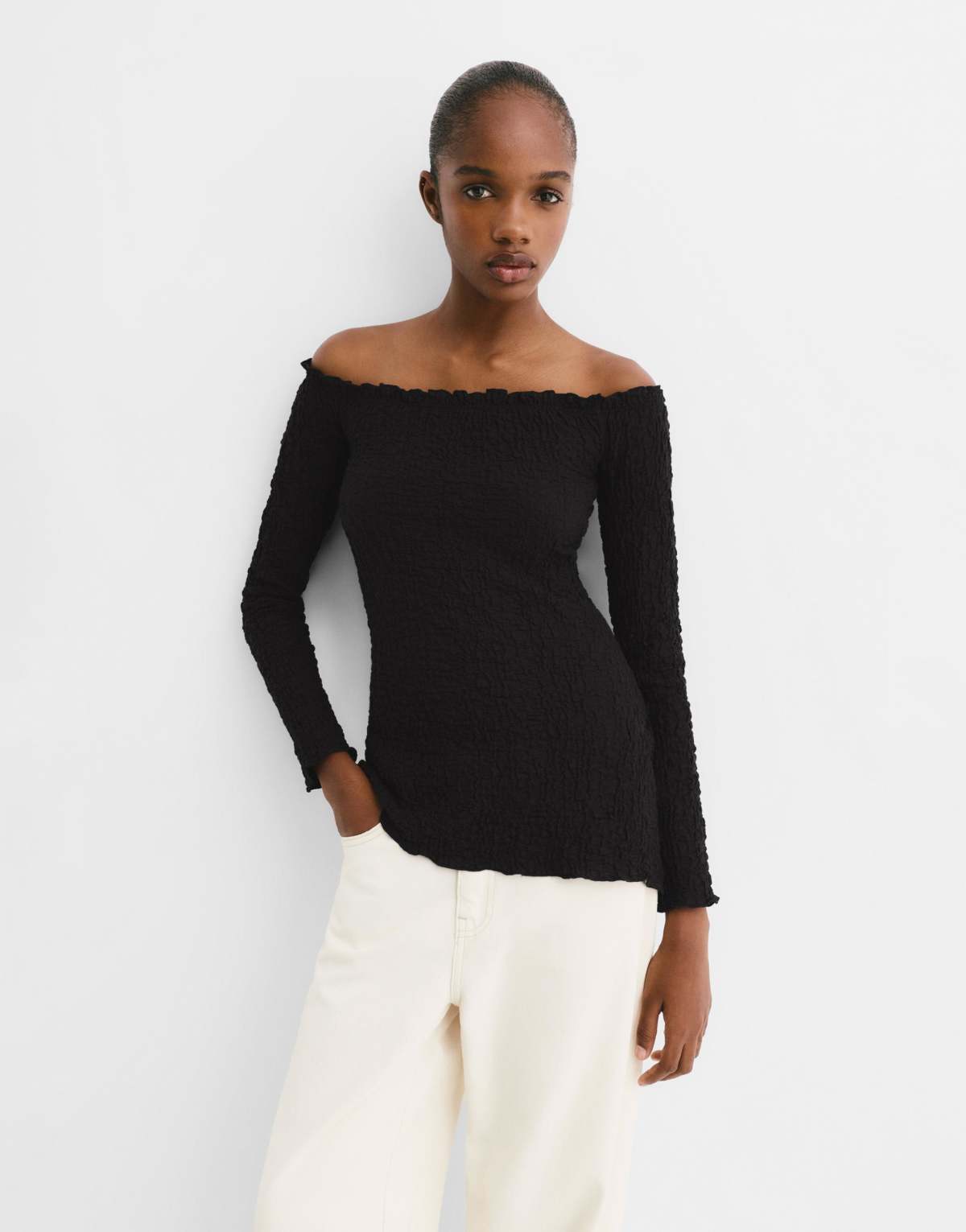 Pull&Bear Creased-effect bardot top in black