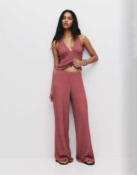 Pull&Bear Creased-effect straight-leg trousers in burgundy