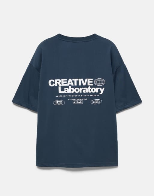 Pull&Bear Creative laboratory graphic T-shirt in navy, 4 van 4