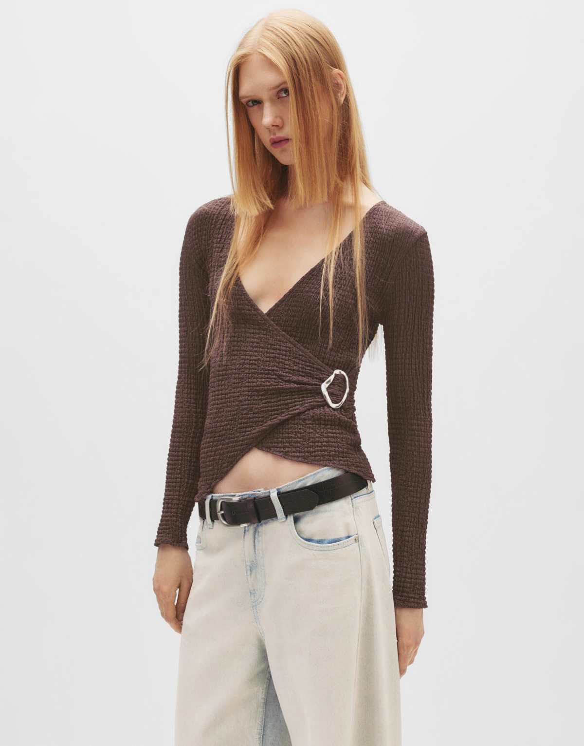 Pull&Bear Crêpe crossover top with buckle in brown