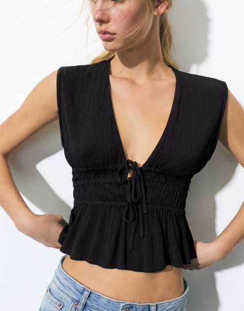 Pull&Bear Crepe top with ties in black - view 1