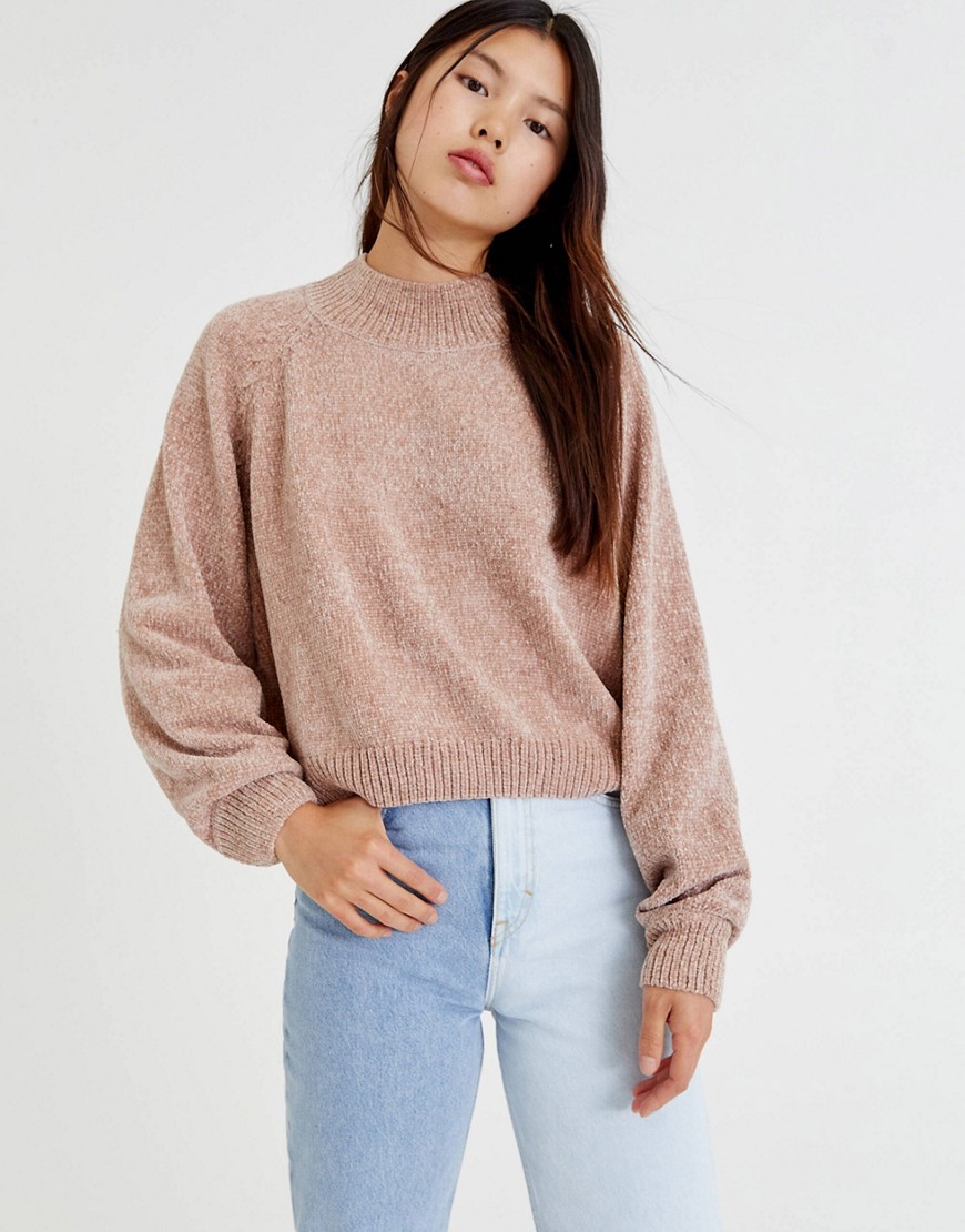 Pull & Bear crew neck chenille sweater in camel-Brown