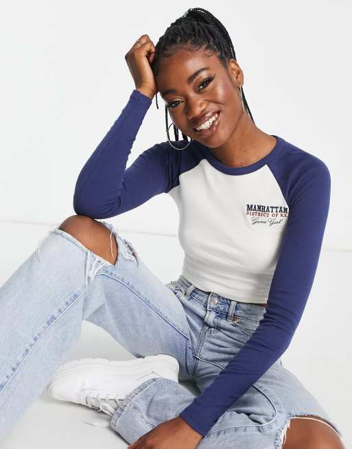 Pull&Bear crew neck contrast long sleeved crop top in white ASOS