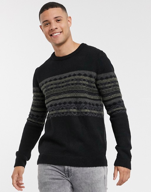 Pull&Bear crew neck jumper with knit detailing in black