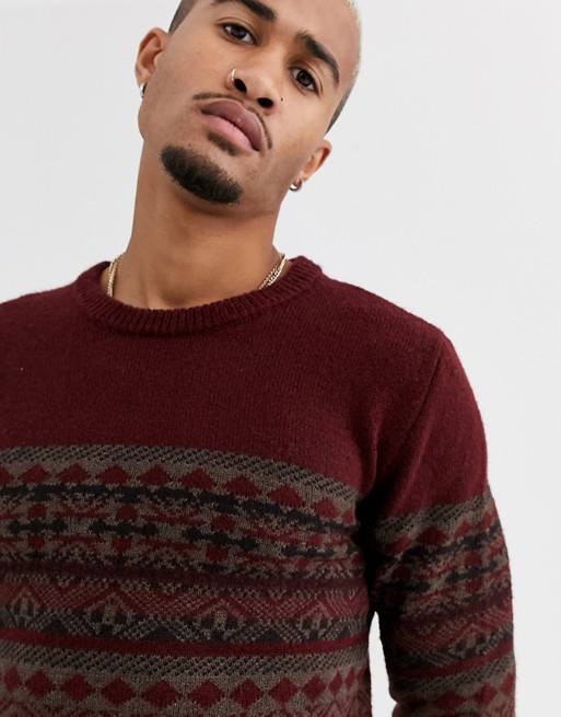Pull&Bear crew neck jumper with knit detailing in burgundy