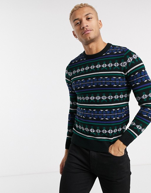 Pull&Bear crew neck jumper with knit detailing in navy
