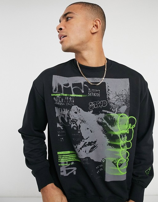 Pull&Bear crew neck sweatshirt with neon print in black