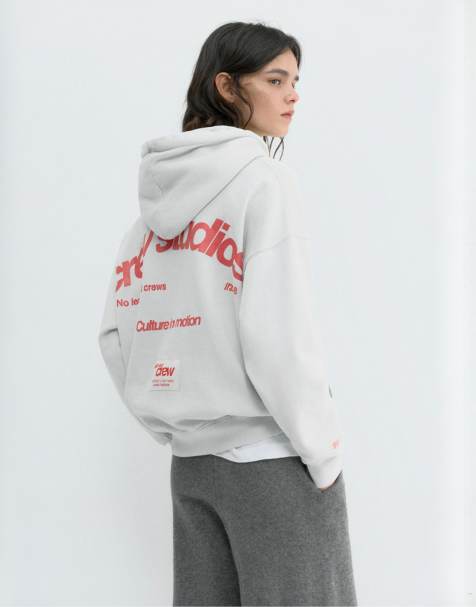Pull&Bear Crew studios hoodie in pale grey - view 1