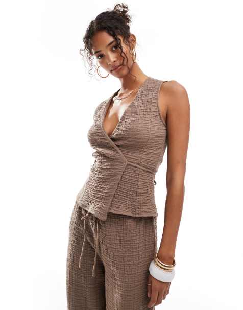 Pull&Bear crinkle textured wrap top co-ord in taupe brown - view 1